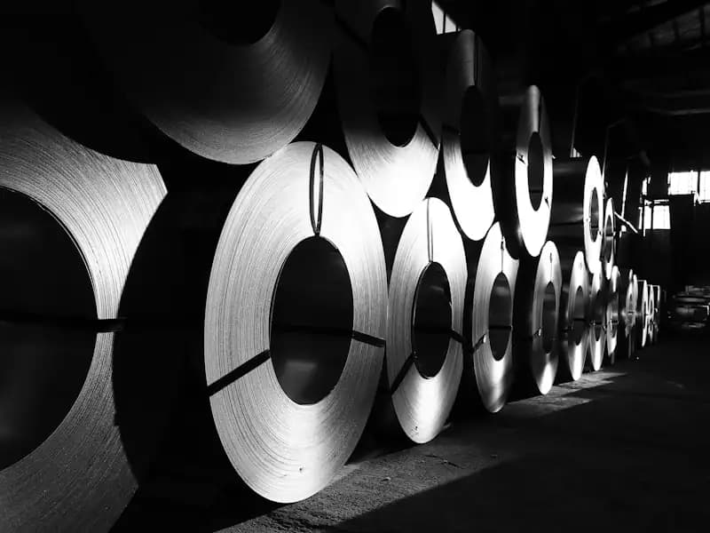 Rows of cold-rolled steel coils stacked along a warehouse aisle