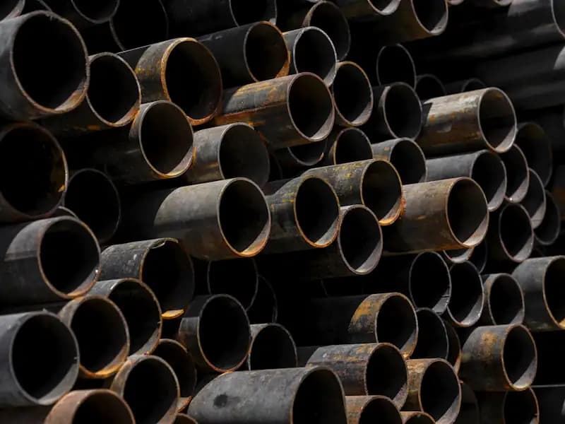 Stacked steel pipe seen end-on in a storage yard